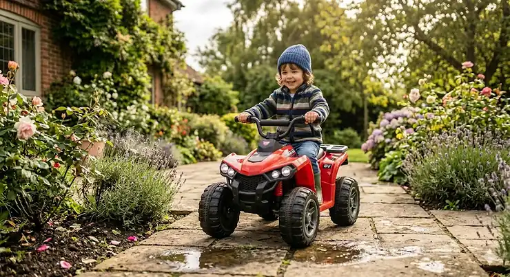 A young child wearing a blue woolly bobble hat and fleece riding a red 6v quad bike for toddlers on a stone garden path in the UK. 6v quad bike for toddlers