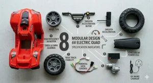 A safe operation diagram for a 6v electric quad bike, highlighting the safe 2.5mph speed limit, wide-track stability, and automatic braking system.