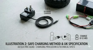 A comprehensive modular design illustration for a 6v electric quad bike, detailing the high-efficiency motor, smooth acceleration, and long-life power cell.