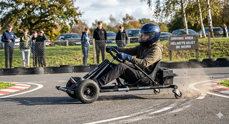 A high-performance adjustable drift kart for children and teenagers, featuring a black steel frame and racing bucket seat on a paved track.