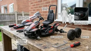 An assembly diagram showing the component parts of a 24v electric go kart, including the axle, drivetrain, and steering assembly.