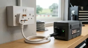 Alt text for image 3: Close-up of a 24v electric go-kart battery pack charging via a standard UK three-pin mains plug in a workshop.