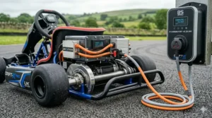 An electric drift kart connected to a standard UK three-pin mains socket for overnight charging.