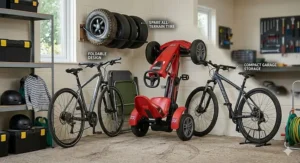 A red pedal go-kart stored vertically in a tidy British garage to demonstrate its space-saving and compact storage design.