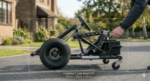 Illustration showing how the adjustable drift kart frame retracts for easier storage in a garage or large car boot.