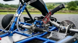 Close-up of the manual drift bar used to initiate high-speed slides and 360-degree spins on an electric kart.