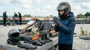 A teenager wearing a British Standard approved helmet and safety pads while seated in a racing drift kart.