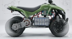 Technical cutaway showing the silent electric motor and battery pack of an all terrain quad for kids.