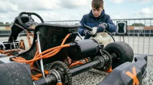 Plugging in a 24V electric racing drift kart for teenagers into a UK 3-pin mains socket.