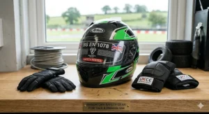 Alt text for image 7: Essential go-kart safety equipment including a full-face helmet with British Standard Kitemark and protective pads.