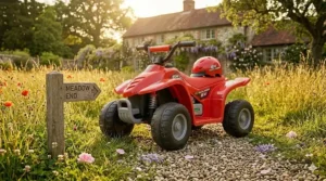 An electric quad bike battery being charged using a standard British three-pin mains plug.