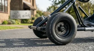 Technical illustration of the grippy front pneumatic tyre designed for steering precision on a drift kart.