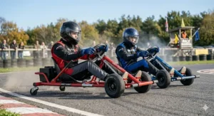 Two young people racing adjustable drift karts outdoors, demonstrating the product's manoeuvrability and social appeal.
