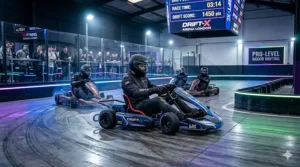 A group of racers competing at an indoor electric drift karting centre in London, showing the karts in motion.