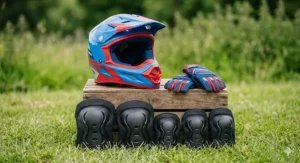 Illustration of a blue and red junior helmet and matching gloves for use with an all terrain quad for kids.