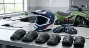 Professional workshop shot of a blue helmet and safety pads next to an all terrain quad for kids being serviced.