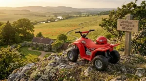 A parent using a 2.4G remote control to safely guide a children's 12V quad bike.