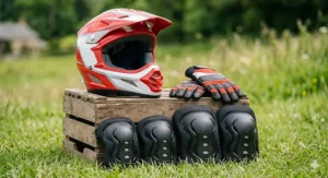 Illustration of essential safety gear for an all terrain quad for kids, including a red junior helmet, gloves, and knee pads.