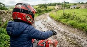 Three panels showing a kids sport quad bike being used responsibly on common UK terrains including short grass, gravel driveways, and light mud.