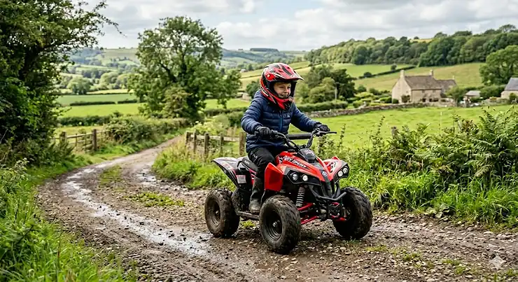 A young child wearing a full-face safety helmet and protective gear riding a red kids sport quad bike along a muddy rural track in the British countryside. kids sport quad bike