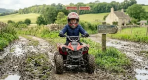 A maintenance guide for a kids sport quad bike illustrating how to check tyre pressures, tighten bolts, and charge the battery.