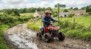 An infographic showing the physical dimensions and seat height of a kids sport quad bike to help parents ensure a safe fit for their child.