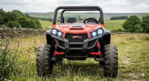 Front view of a sleek 4x4 UTV for kids featuring working LED headlights and a realistic front grille.