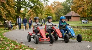 Three children racing red and blue pedal go-karts together along a wide path in a public British park during the autumn.