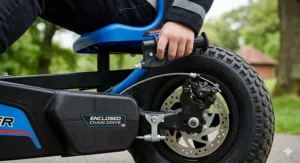 A close-up of a child's hand using a manual handbrake on a pedal go-kart featuring a safe, enclosed chain drive system.