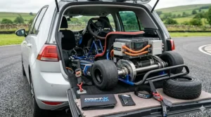 Showing how a compact electric drift kart fits easily into the boot of a standard British family hatchback.