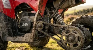 Detailed close-up of the heavy-duty metal chain drive and the 24v electric motor on a muddy off-road quad bike.