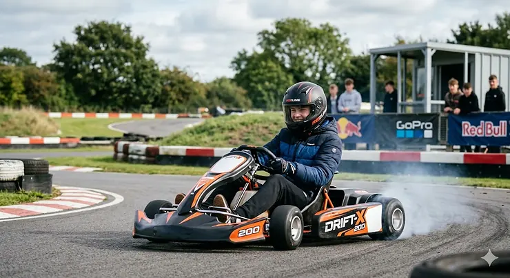 A teenage boy driving a high-performance racing drift kart on a dedicated UK outdoor track. racing drift kart for teenagers