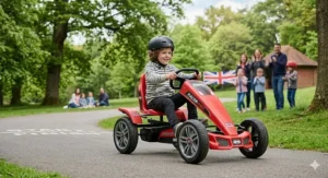 A sleek red racing-style pedal go-kart with aerodynamic front fairing and Union Jack decals on a tarmac racing line.