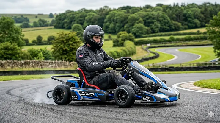 A high-performance electric drift kart for adults and teens being driven on a professional outdoor tarmac track in the UK. electric drift kart