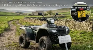 A quad bike equipped with indicators, mirrors, and a UK number plate, showing the features needed for road-legal use on British lanes.