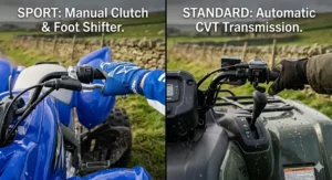 The manual gear shifter and clutch of a sport quad contrasted with the automatic CVT transmission lever on a standard quad bike.