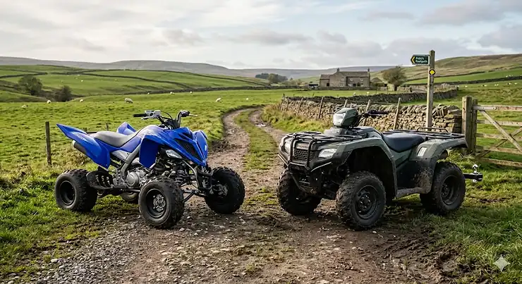 A side-by-side comparison of a high-performance sport quad bike and a standard utility quad parked on a grassy hillside in the UK. sport quad bike vs standard quad which is better