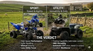 A comparison of a sport quad bike on a competitive racing track and a standard quad navigating deep mud and water.