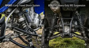 Close-up comparison of the long-travel suspension on a sport quad versus the heavy-duty shocks found on a standard utility quad.