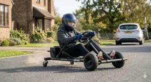 A British teenager wearing a safety helmet driving an adjustable drift kart on a private driveway.