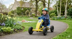 A smiling toddler riding a small yellow pedal go-kart on a paved garden path in front of a traditional British stone cottage.