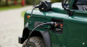An open bonnet view of a green ride-on buggy, revealing a central 12V 10Ah battery power unit, neatly routed red and black cables, a fuse box, and an electric motor.