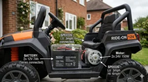 Diagram of a 12V rechargeable battery system for a powerful kids' ride-on vehicle.