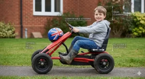 A scale illustration of a 7-year-old in a red go-kart with labels for head clearance, optimal leg reach to pedals, and comfortable steering.