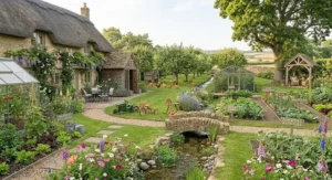 A robust all-terrain ride-on quad bike parked on garden grass, suitable for summer garden adventures.