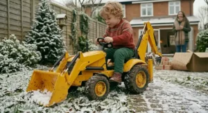 Child wearing a helmet on a battery-powered motorbike ride-on toy.