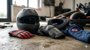 A photorealistic close-up detailed layout of a complete set of safety gear for a beginner drift kart driver, including a matte black full-face helmet, a pair of red and black technical gloves, a neck roll, segmented elbow and knee pads, and the sleeve of a blue race suit featuring a small British flag patch, all arranged on a textured concrete workshop floor.