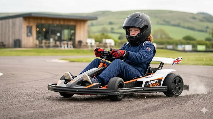 A photorealistic hero image of a young person wearing a full-face safety helmet and race suit with a Union Jack patch, driving a white and orange electric drift kart on a smooth tarmac track at a UK outdoor facility with green hills and a timber building in the background. which drift kart is best for beginners