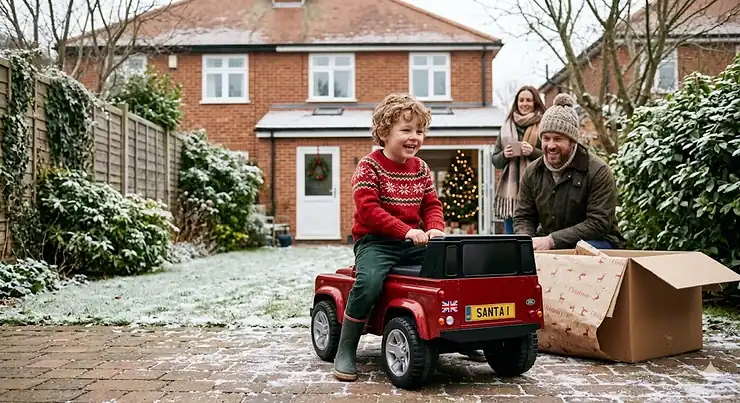 Toddler riding a red electric ride-on car in a snowy garden at Christmas. outdoor ride on toys for christmas
