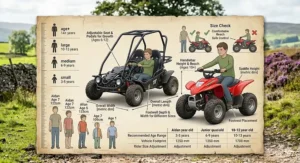 A size guide showing the appropriate scale of a buggy vs quad bike for different age groups, from toddlers to young teens.